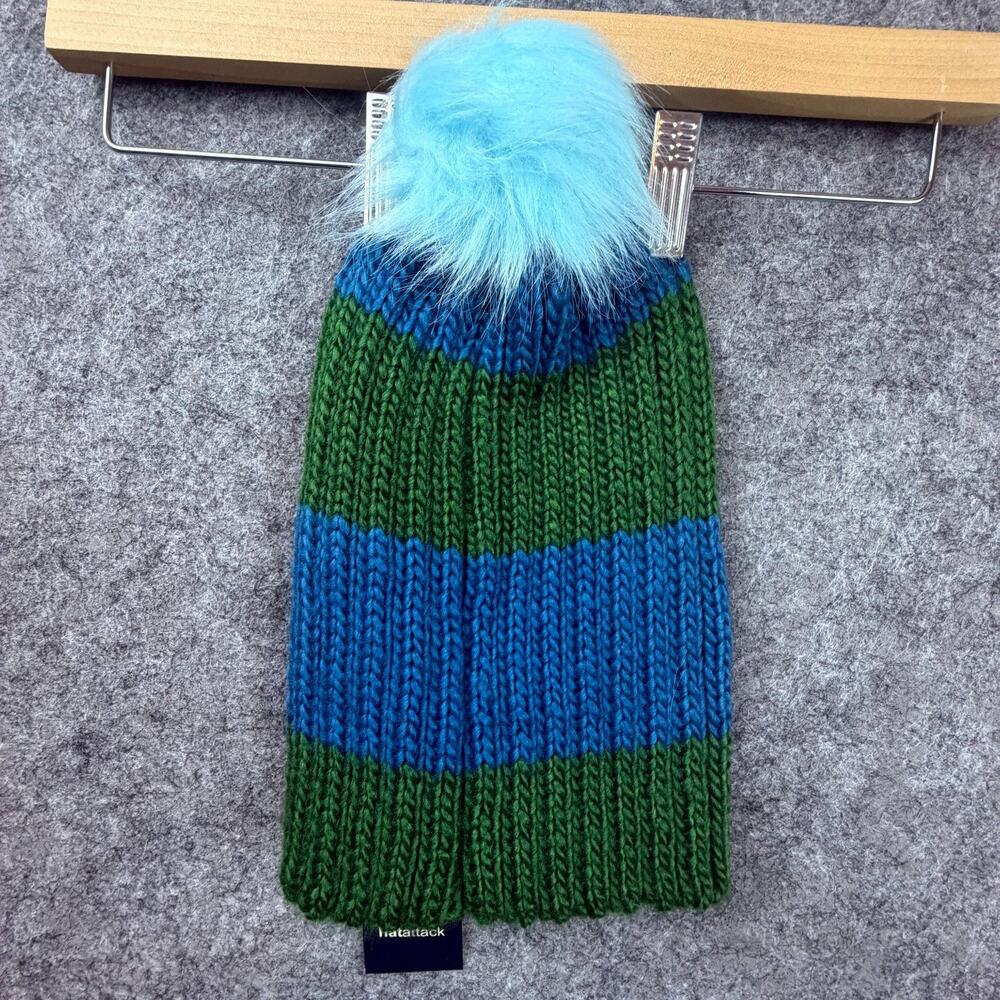 Hat Attack Knit Happy Stripes Beanie Hat Womens One Size Blue Green Fur Pom Pom